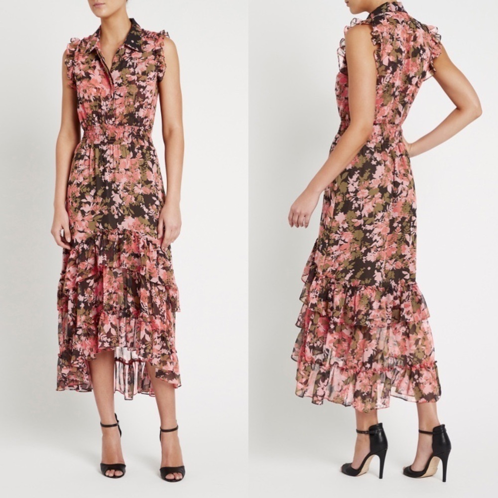 Misa Editha Ruffle Tiered Smocked Floral Print Midi Dress Pink Green Small
